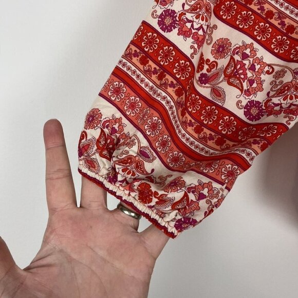 Bohemian Outsider Red Floral Striped Button Down Tie Neck Flowy Top Woman’s Sz M - Picture 2 of 10